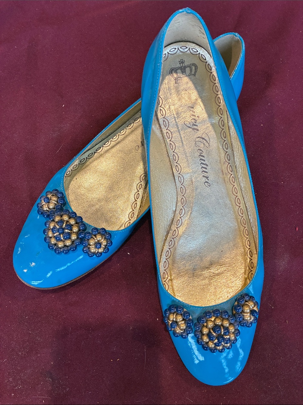 Juicy Couture Bright Blue Patent Ballet Flats with Beaded Flower Accents